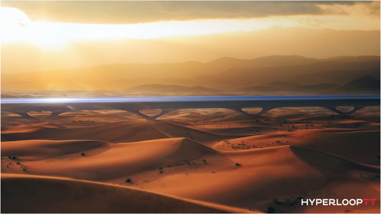 Concepto de Hyperloop cruzando un desierto