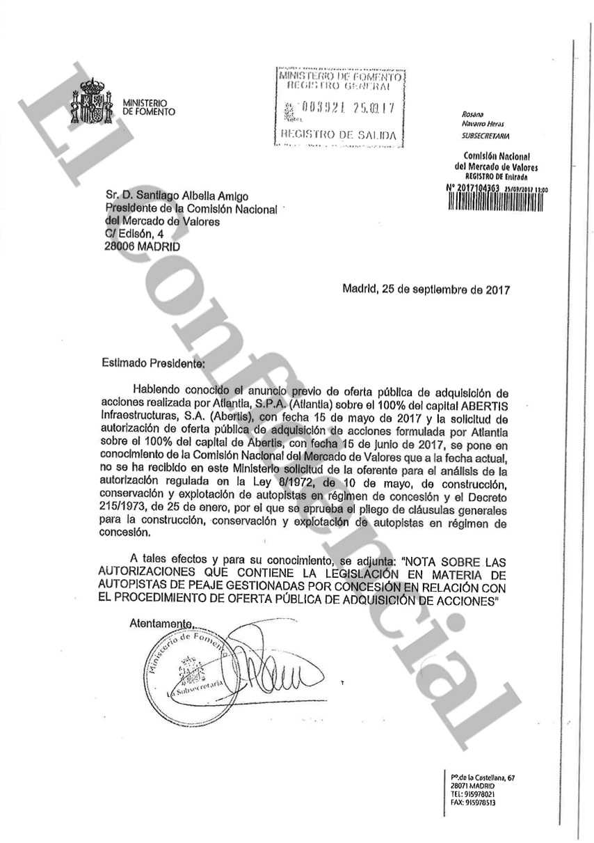 Fomento y Energía advierten a CNMV de que la opa de Atlantia Abertis no es legal