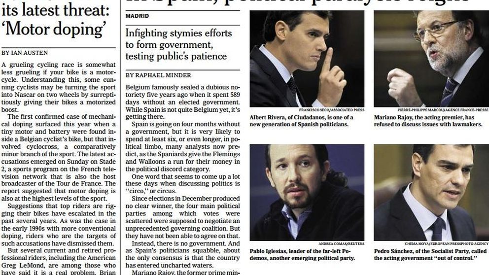 La parálisis política reina en España, portada de 'The New York Times'