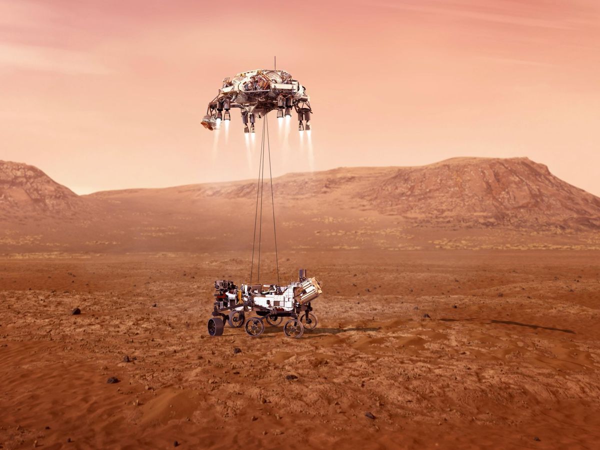Foto: Una ilustración del 'rover' Perseverance mientras aterriza en la superficie de Marte. (EFE/NASA)