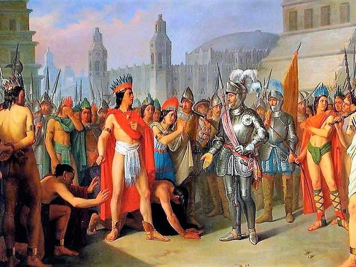 Hernán Cortés frente al emperador Moctezuma.