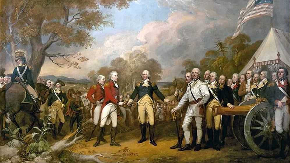 Cuadro de la escena de la rendición de la batalla de Saratoga por John Burgoyne, 1777. (Wikipedia)