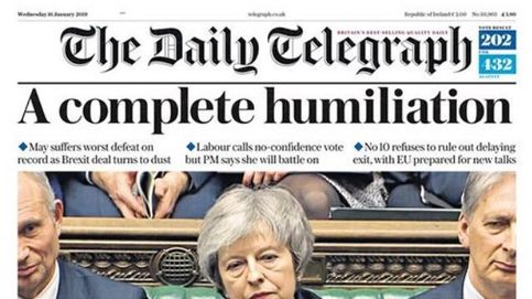 La derrota histórica de Theresa May en la votación den Brexit, protagonista de la prensa 