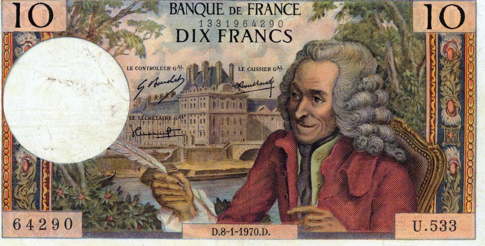 Foto: Homenaje a Voltaire en un billete bancario francés de la segunda mitad del siglo XX.