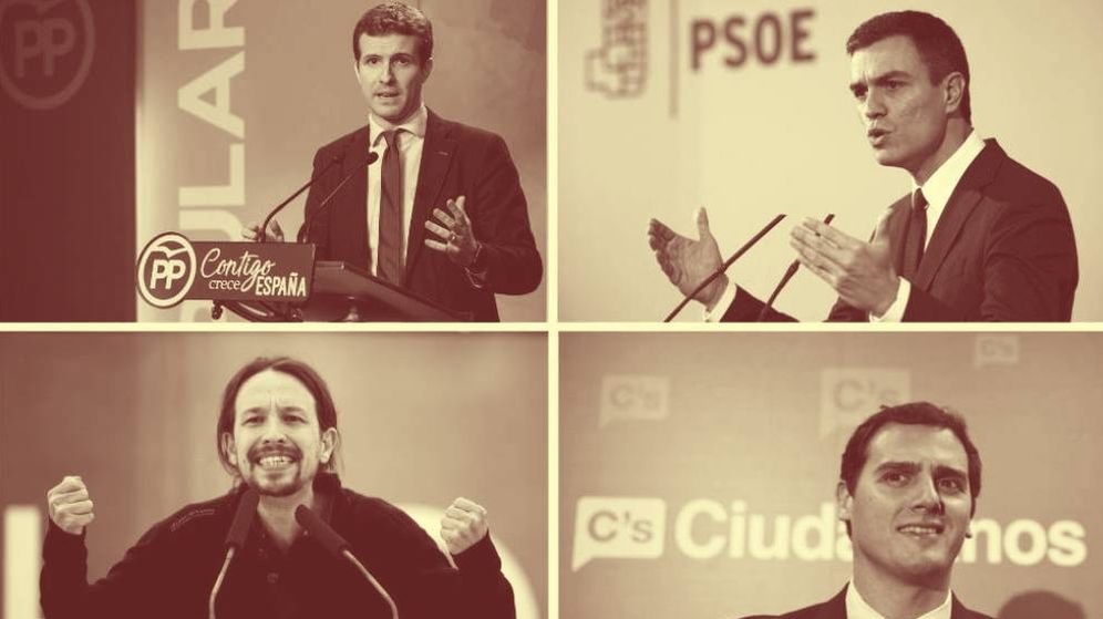 Foto: Pablo Casado (PP), Pedro SÃ¡nchez (PSOE), Pablo Iglesias (Podemos) y Albert Rivera (Cs). Montaje: (EC)