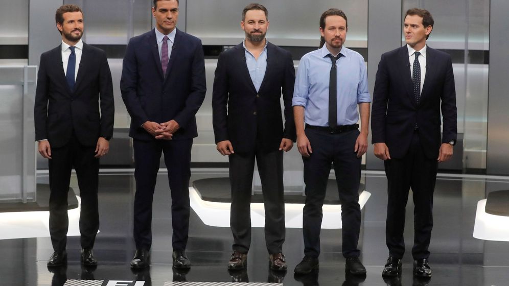 Foto: Los candidatos a la presidencia del Gobierno, (i-d) Pablo Casado, Pedro Sánchez, Santiago Abascal, Pablo Iglesias y Albert Rivera. (EFE)