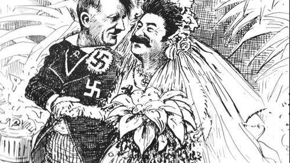 Foto: Una caricatura de la Ã©poca en la que Hitler y Stalin contraen matrimonio. (Archivo)