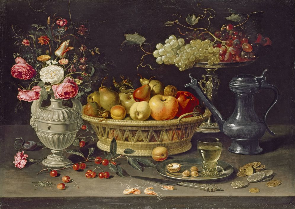 Foto: 'Bodegón con flores, copa de plata dorada, almendras, frutos secos, dulces, panecillos, vino y jarra de peltre', Clara Peeters (1611) (Museo Nacional del Prado)
