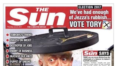 La prensa británica apoya a May y 'The Sun' mete a Corbyn en la basura: Es amigo de terroristas