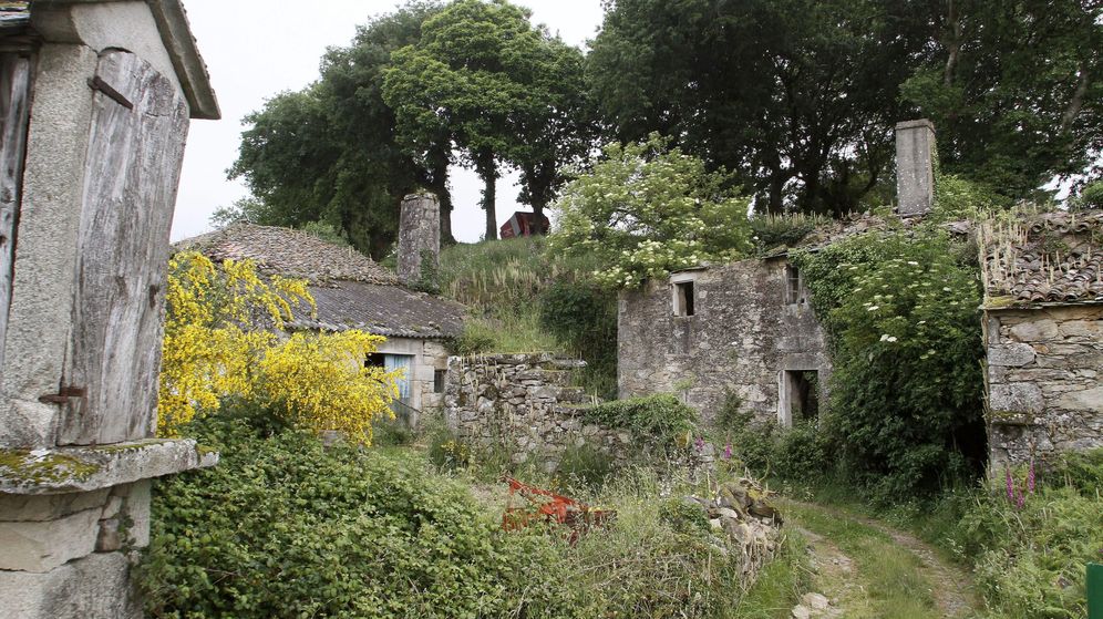 Foto: Un núcleo de casas abandonadas con un hórreo y un campo comunal en la aldea de Seixas, en la parroquia de Merlan (Lugo). (EFE)